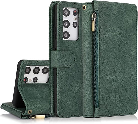 Samsung Galaxy S22 Ultra Hoesje - Groen - Extra Stevige Luxe Bookcase met Rits en Vakken