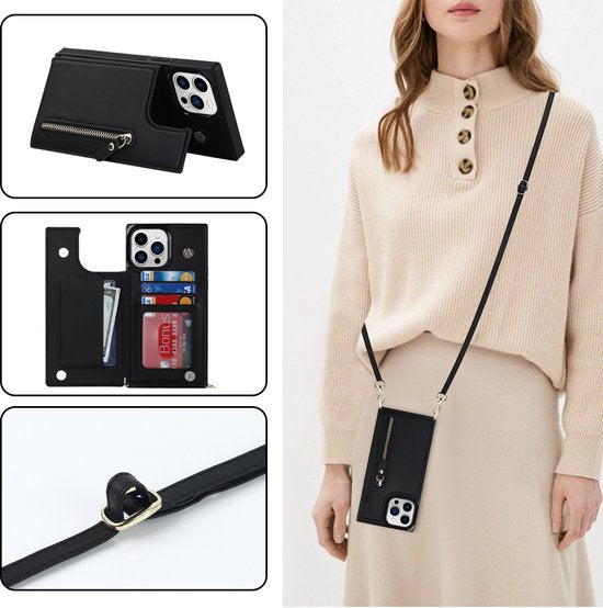 Apple iPhone 14 Pro Max Hoesje - Zwart - Luxe Back Cover met Telefoonkoord en Rits