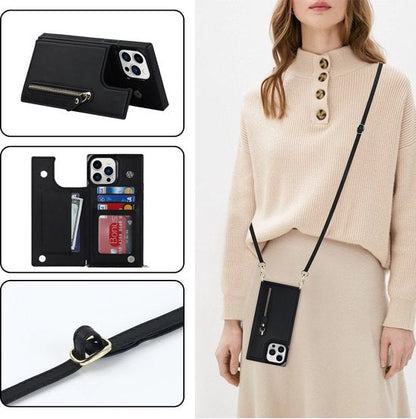 Apple iPhone 14 Pro Case - Black - Luxury Back Cover with Phone Strap and Zipper