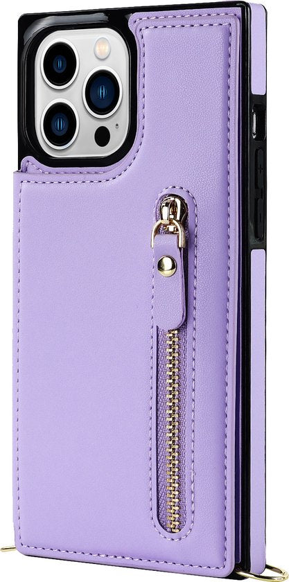 Apple iPhone 14 Pro Max Hoesje - Paars - Luxe Back Cover met Telefoonkoord en Rits
