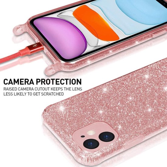 Samsung Galaxy S21 Plus Hoesje - Roze - Glitter Back Cover met Telefoonkoord