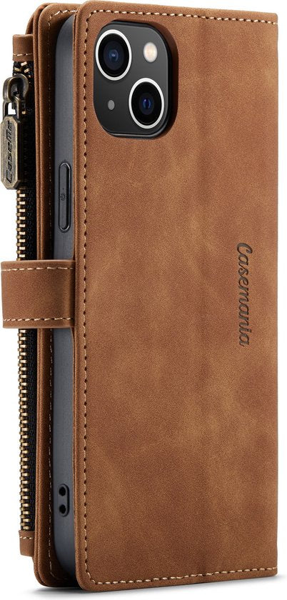 Apple iPhone 14 Hoesje - Sienna Brown - Luxe Bookcase met Rits en Telefoonkoord