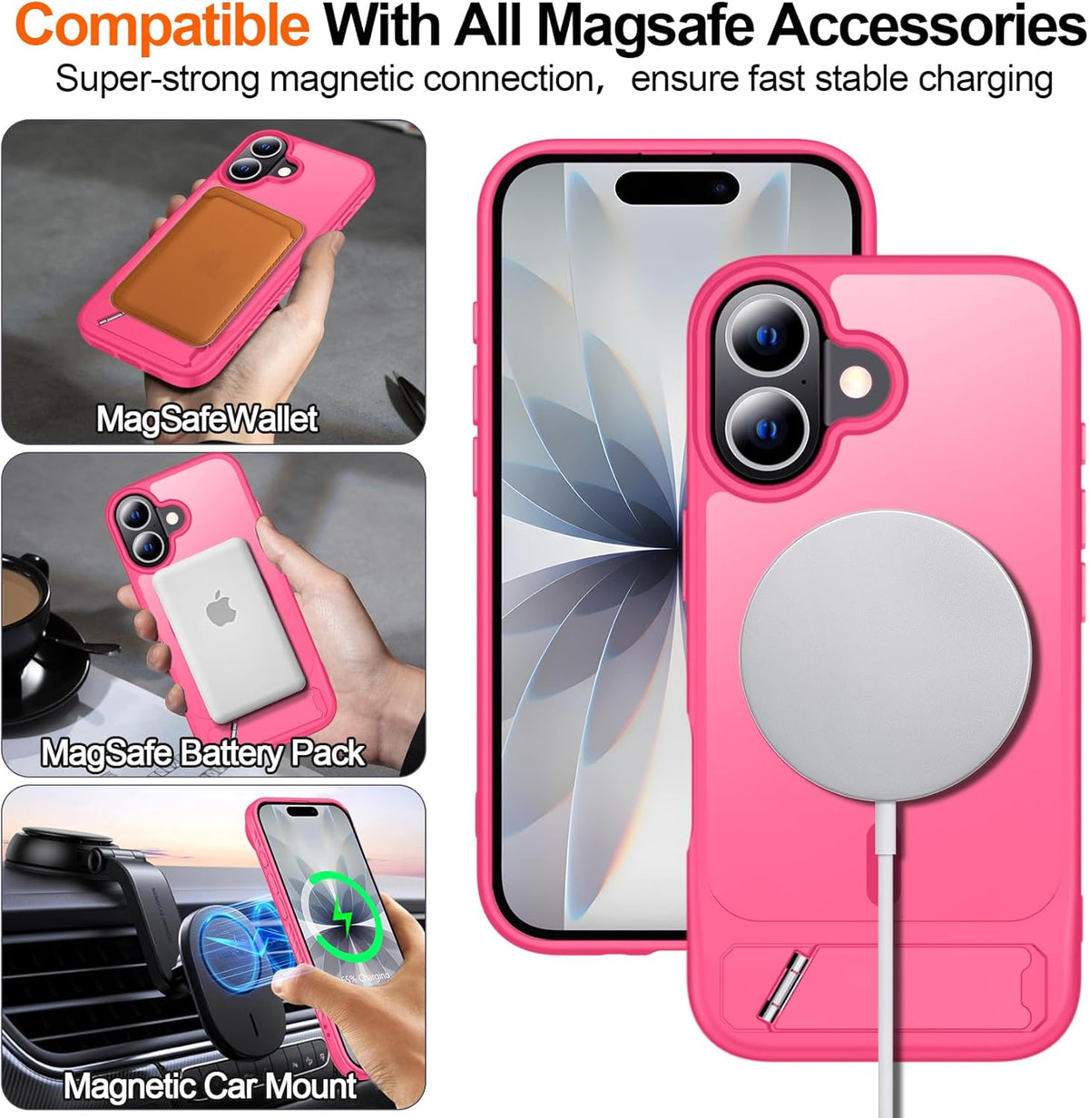 Apple iPhone 17 Hoesje - Neon Roze - Matte Armor MagSafe Back Cover met Kickstand
