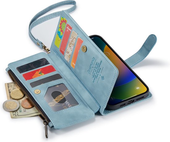 Apple iPhone 14 Pro Max Hoesje - Aqua Blue - Luxe Bookcase met Rits en Telefoonkoord