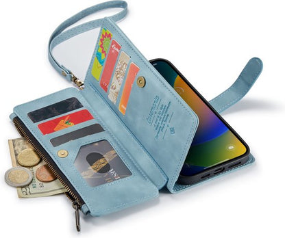 Apple iPhone 14 Pro Hoesje - Aqua Blue - Luxe Bookcase met Rits en Telefoonkoord