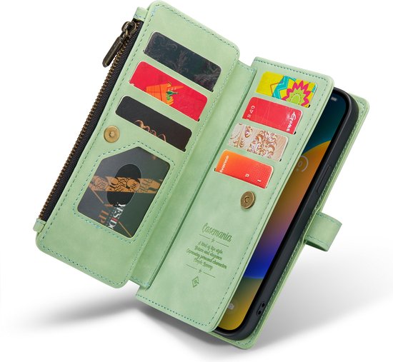 Apple iPhone 14 Pro Max Case - Pistache Green - Luxury Wallet Case with Zipper and Phone Strap