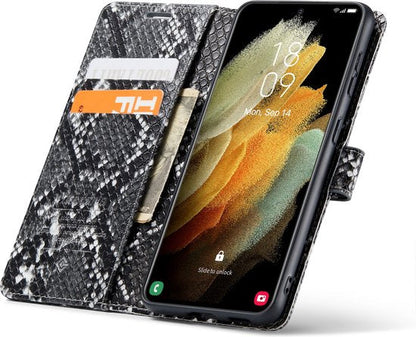 Samsung Galaxy S21 FE Hoesje - Zwart - Luxe Slangen Bookcase