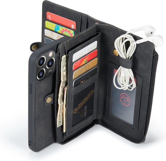 Apple iPhone 13 Pro Hoesje - Charcoal Gray - Luxe 2 in 1 Bookcase met 10 Kaart Vakken en Polskoord