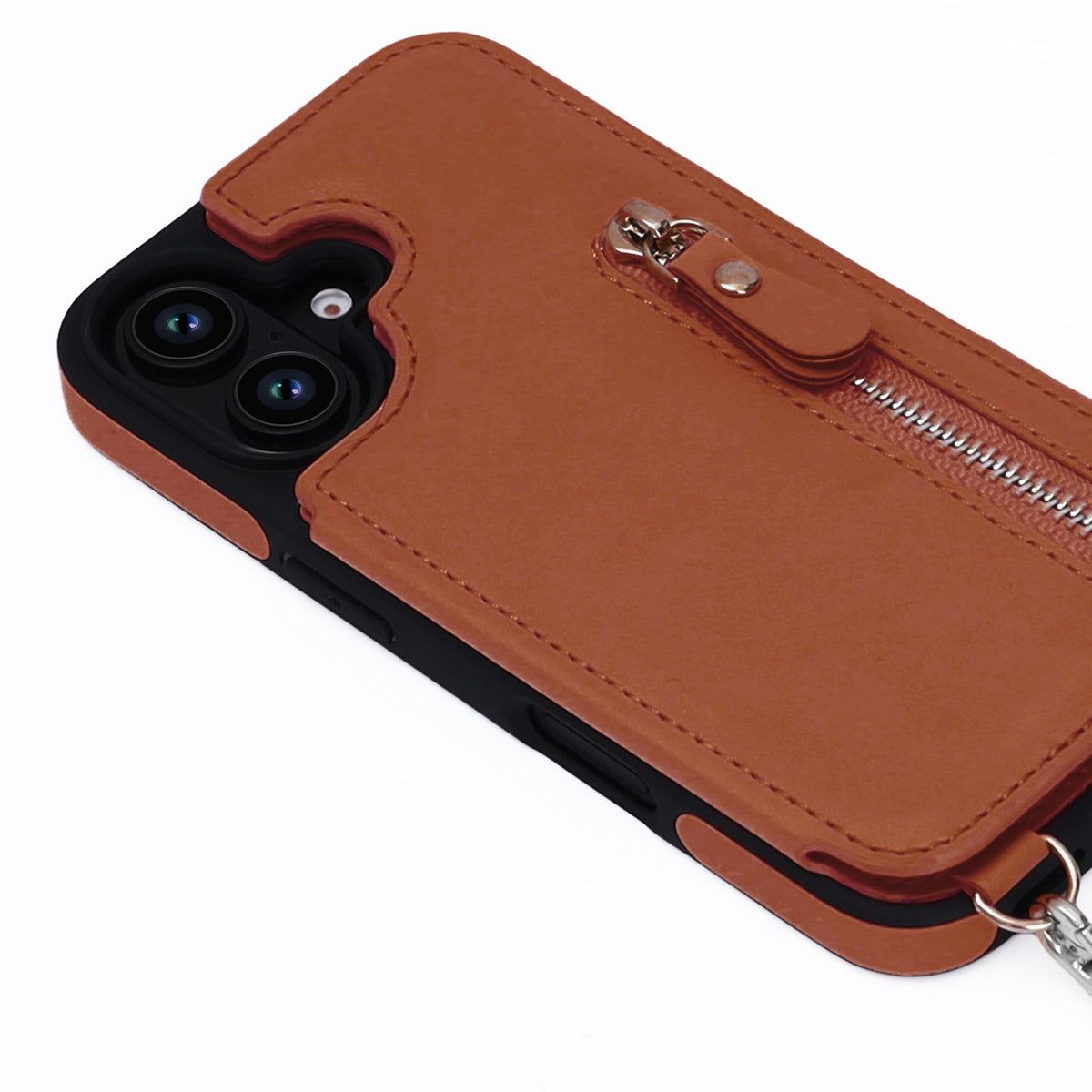 iPhone 16 Case - Brown - Luxury Back Cover with Phone Strap and Zip