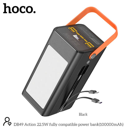 Hoco Powerbank 100.000mAh 22.5W met Ingebouwde Kabels - Zwart