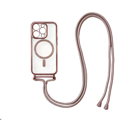 iPhone 14 Pro Hoesje - Rosegoud - Siliconen MagSafe Back Cover met Telefoonkoord