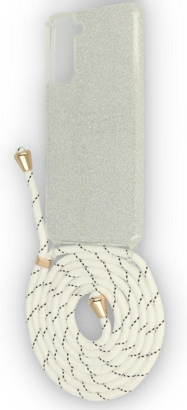 Samsung Galaxy S21 Plus Hoesje - Zilver - Glitter Back Cover met Telefoonkoord