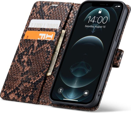 Apple iPhone 12 Hoesje - Bruin - Slangen Bookcase