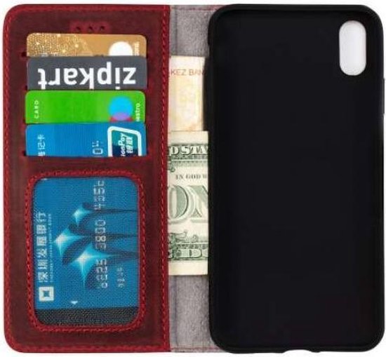 Apple iPhone Xs Max Hülle - Rot - Echtleder-Klapphülle mit Kartenfach