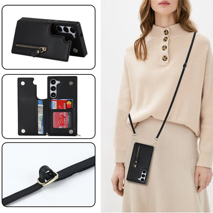 Samsung Galaxy S21 FE Case - Black - Luxury Back Cover with Phone Strap and Zipper