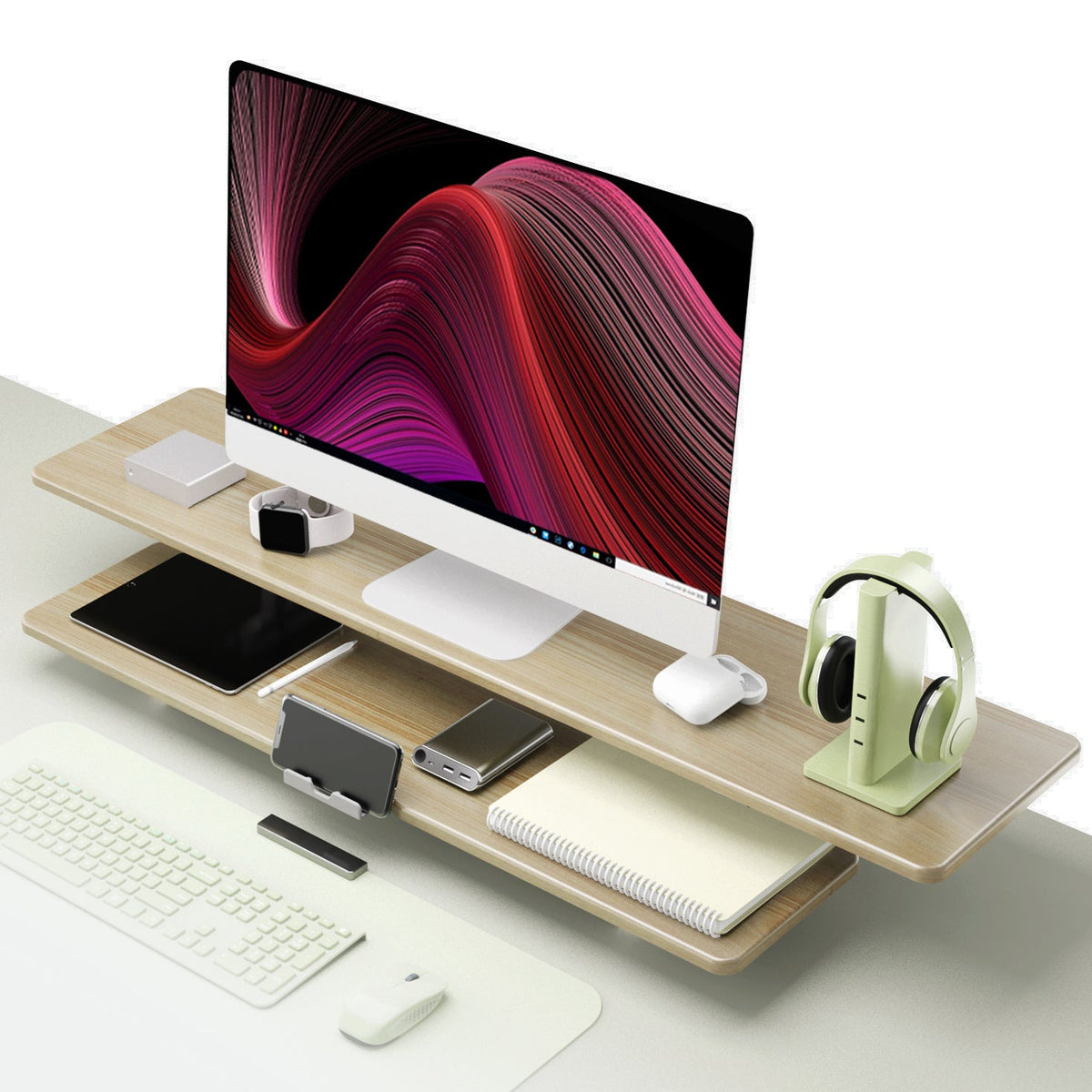 Casemania Monitorstandaard met Telefoonhouder - Licht Bruin - Beeldscherm Verhoger voor 2 Monitoren - Tweelaags Monitor Standaard met Opbergplank - Extra Brede Bureauverhoger - Beeldschermstandaard - Bureau Organizer voor Thuiswerkplek en Kantoor
