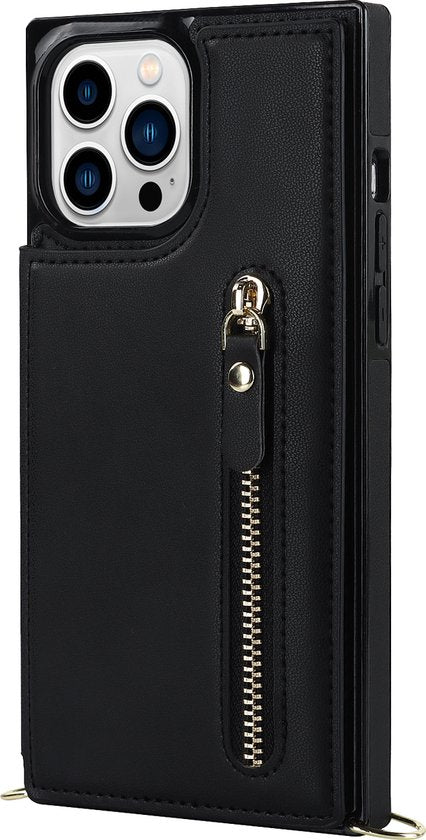 Apple iPhone 15 Pro Max Case - Black - Luxury Back Cover with Phone Strap and Zipper