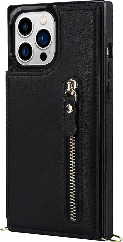 Coque pour Apple iPhone 15 Pro - Noir - Étui arrière luxueux avec cordon et fermeture éclair