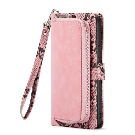 Apple iPhone 13 Pro Max Hülle - Rosa - Luxus Schlangenprint Klapphülle mit Kartenfach und Reißverschluss