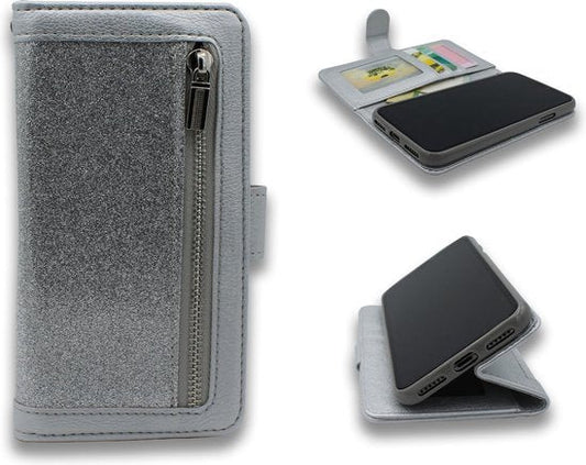 Apple iPhone 12 Mini Case - Silver - Glitter Luxury Wallet Case with Zip