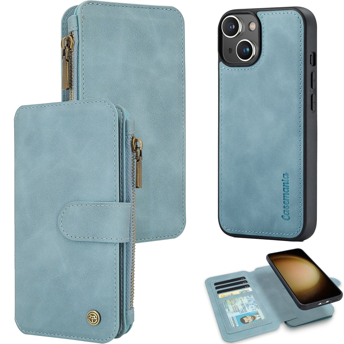 Apple iPhone 15 Plus Hülle - Aqua Blue - 2-in-1 Klapphülle mit Reißverschluss