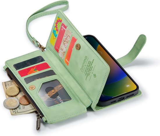 Apple iPhone 14 Pro Case - Pistache Green - Luxury Wallet Case with Zipper and Phone Strap