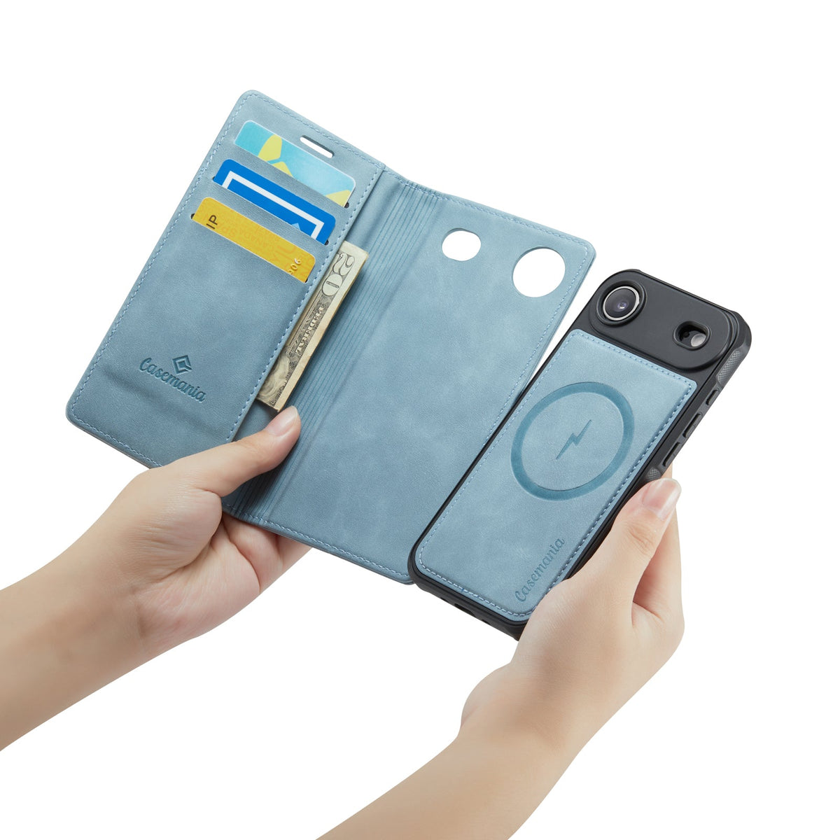 Apple iPhone Air Hülle - Aqua Blue - Luxus-2-in-1-MagSafe-Klapphülle mit Kartenfach