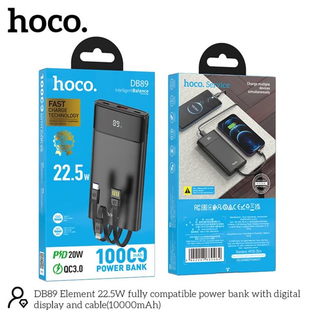 Hoco Powerbank 10.000mAh 22.5W met Ingebouwde Kabels - Zwart