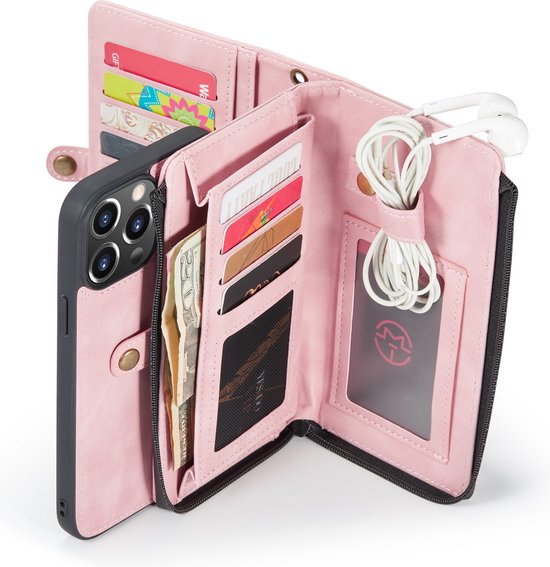 Apple iPhone 13 Pro Hoesje - Pale Pink - Luxe 2 in 1 Bookcase met 10 Kaart Vakken en Polskoord