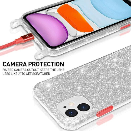 Samsung Galaxy S21 Plus Hoesje - Zilver - Glitter Back Cover met Telefoonkoord