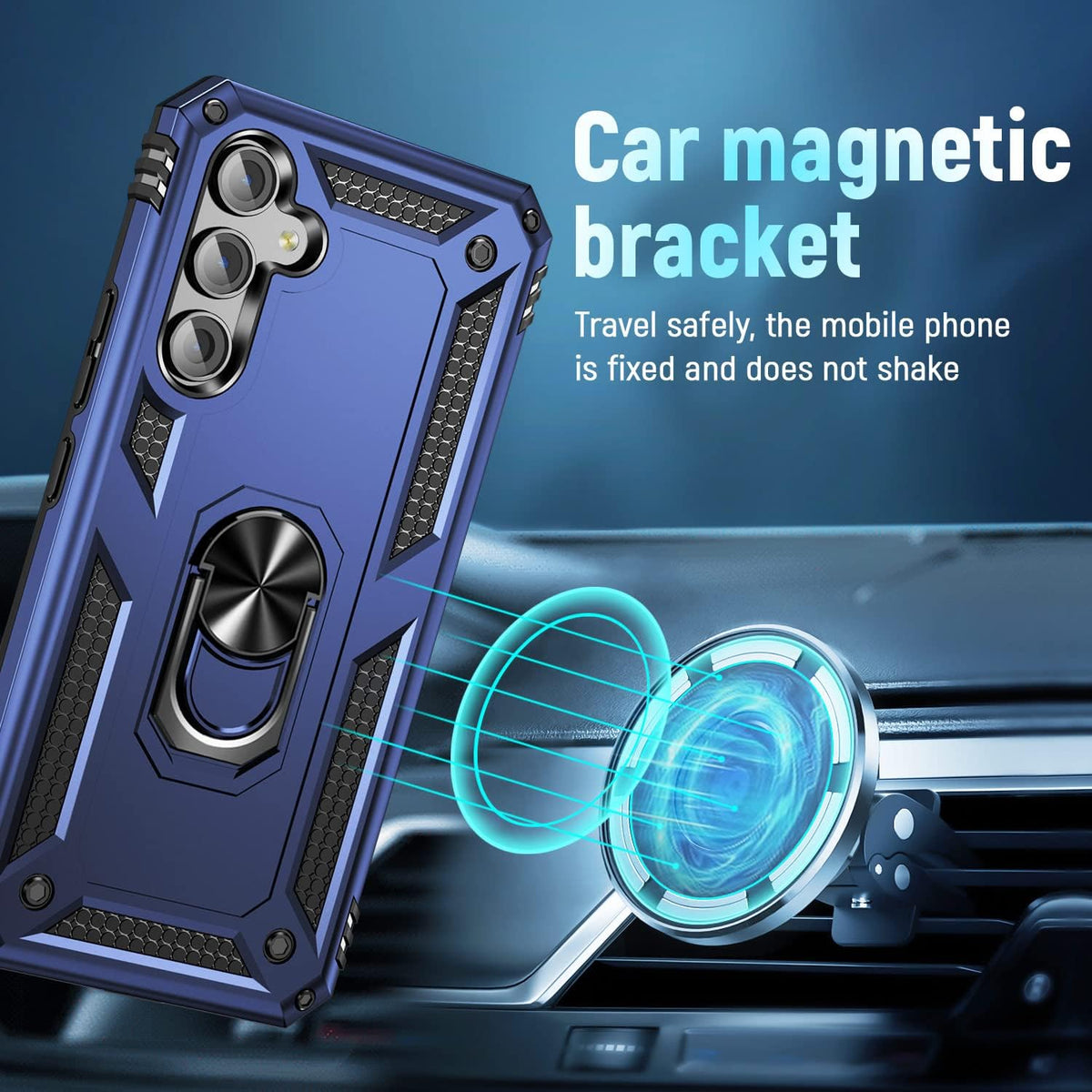 Samsung Galaxy A15 Hoesje - Blauw - Hybride Armor Kickstand Back Cover met Magneetring
