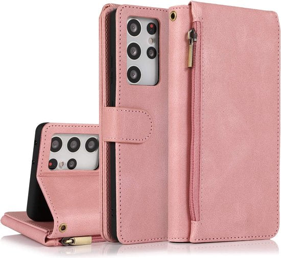 Samsung Galaxy S22 Ultra Hoesje - Roze - Extra Stevige Luxe Bookcase met Rits en Vakken