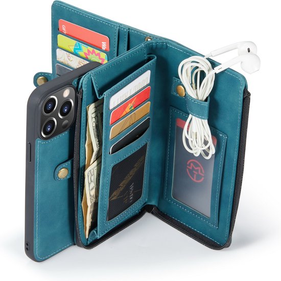 Étui Apple iPhone 13 Pro Max - Vert Émeraude - Étui portefeuille 2 en 1 de luxe avec 10 emplacements pour cartes et dragonne