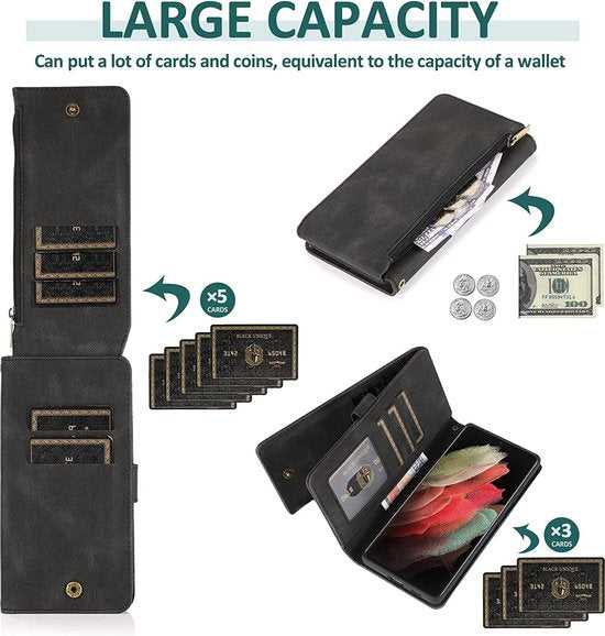 Samsung Galaxy S22 Ultra Hülle - Schwarz - Besonders robuste Luxus-Bookcase mit Reißverschluss und Fächern