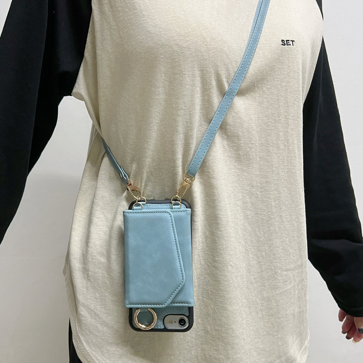 Apple iPhone 7 Case - Aqua Blue - Back Cover with Mirror, Sliding Card Holder and Phone Strap