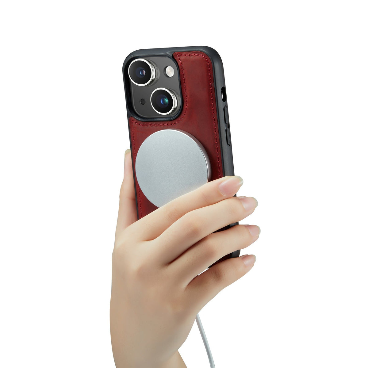 Apple iPhone 15 Plus Hülle - Crimson Red - Echtleder-2-in-1-MagSafe-Klapphülle mit Kartenfach