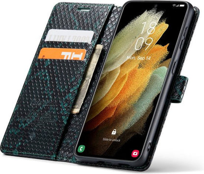 Samsung Galaxy S21 Hoesje - Groen - Snake Bookcase