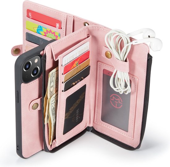 Apple iPhone 13 Hoesje - Pale Pink - Luxe 2 in 1 Bookcase met 10 Kaart Vakken en Polskoord