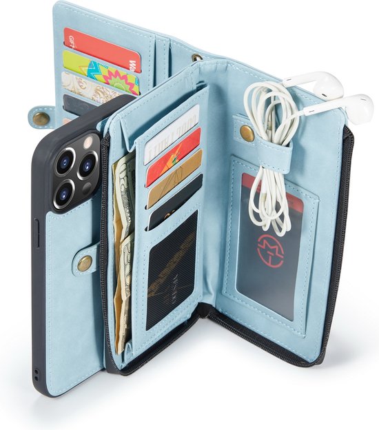 Apple iPhone 13 Pro Max Hülle - Aqua Blue - Luxus-2-in-1-Klapphülle mit 10 Kartenfächern und Handschlaufe