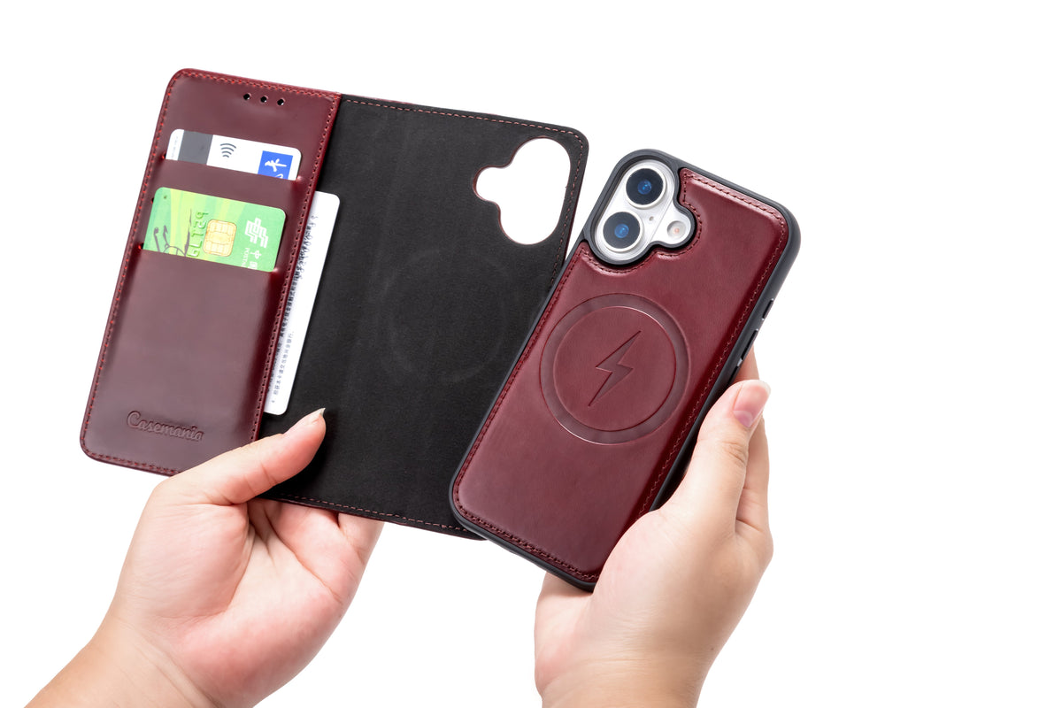 Apple iPhone 17 Hülle - Burgundy Red - Echtleder MagSafe Klapphülle mit Kartenfach