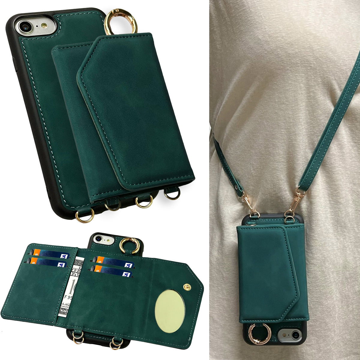 Apple iPhone 7 Case - Emerald Green - Back Cover with Mirror, Sliding Card Holder and Phone Strap