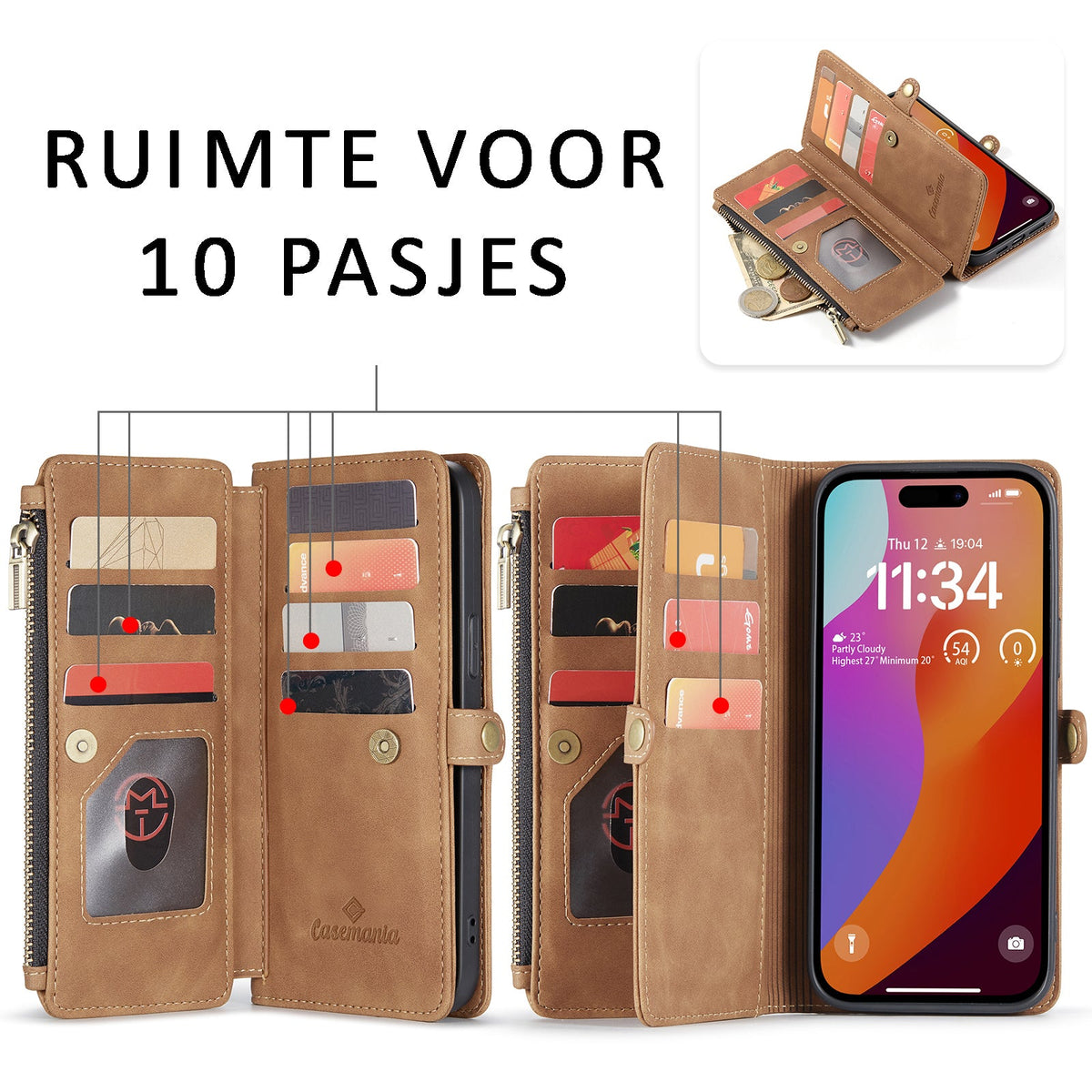 Apple iPhone 15 Pro Max Hoesje - Sienna Brown - Luxe MagSafe Bookcase met Rits en Telefoonkoord