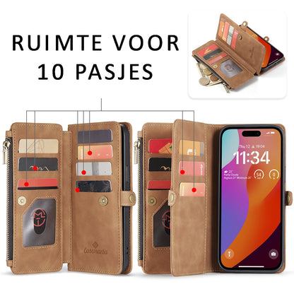 Apple iPhone 15 Pro Hoesje - Sienna Brown - Luxe Portemonnee MagSafe Bookcase met Rits en Telefoonkoord