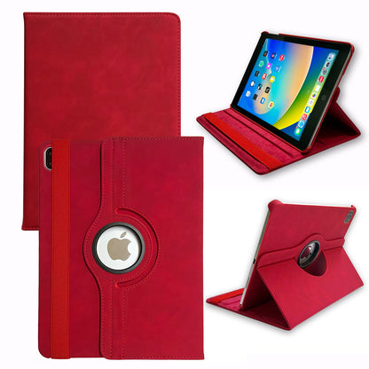 360 degree rotating red iPad case for Apple iPad 2022, showcasing front, back, and standing positions.