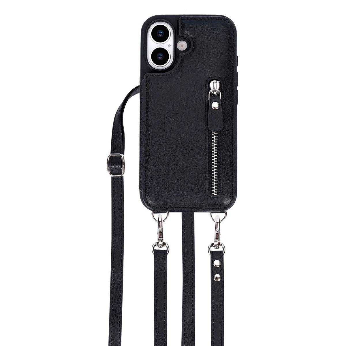 iPhone 17 Hülle – Schwarz – Luxuriöses Backcover mit Handyband und Reißverschluss