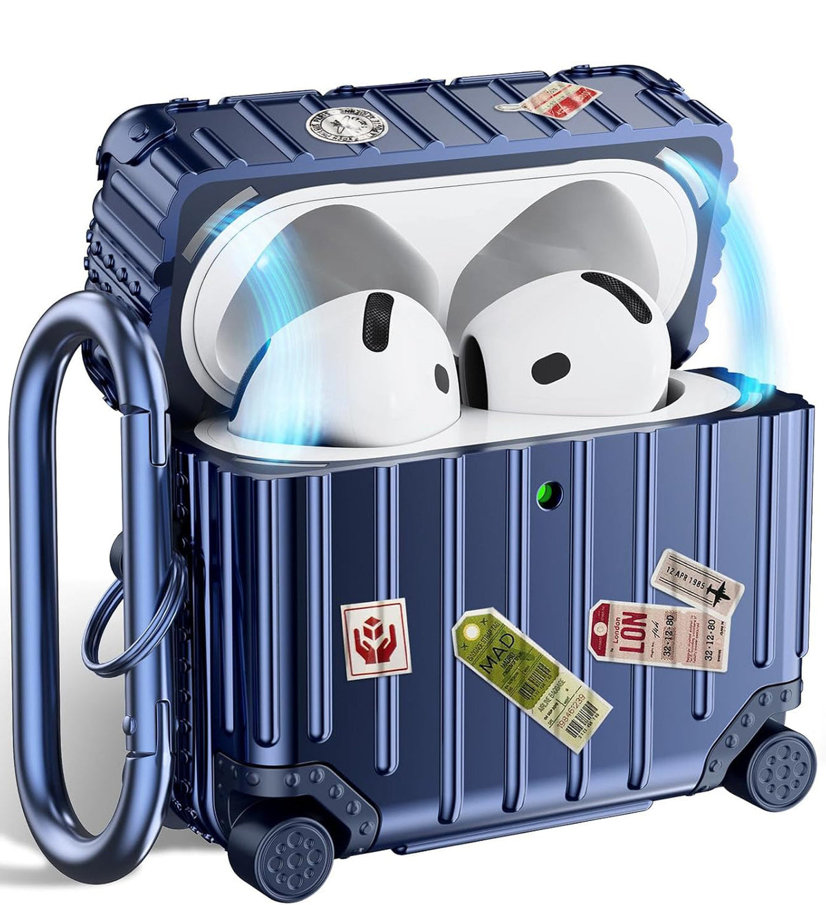 Apple AirPods 4 Hoesje - Koffer Suit Case met Stickers - Blauw