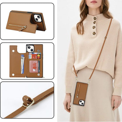 Apple iPhone 15 Hoesje - Bruin - Luxe Back Cover met Telefoonkoord en Rits