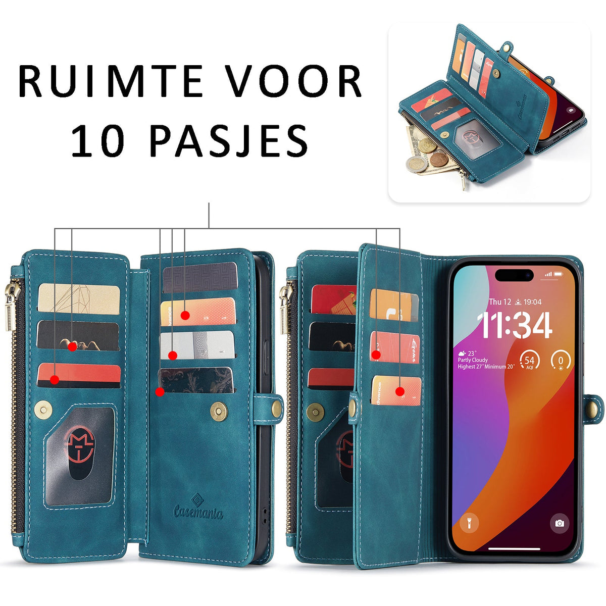 Apple iPhone 15 Pro Hoesje - Emerald Green - Luxe MagSafe Bookcase met Rits en Telefoonkoord