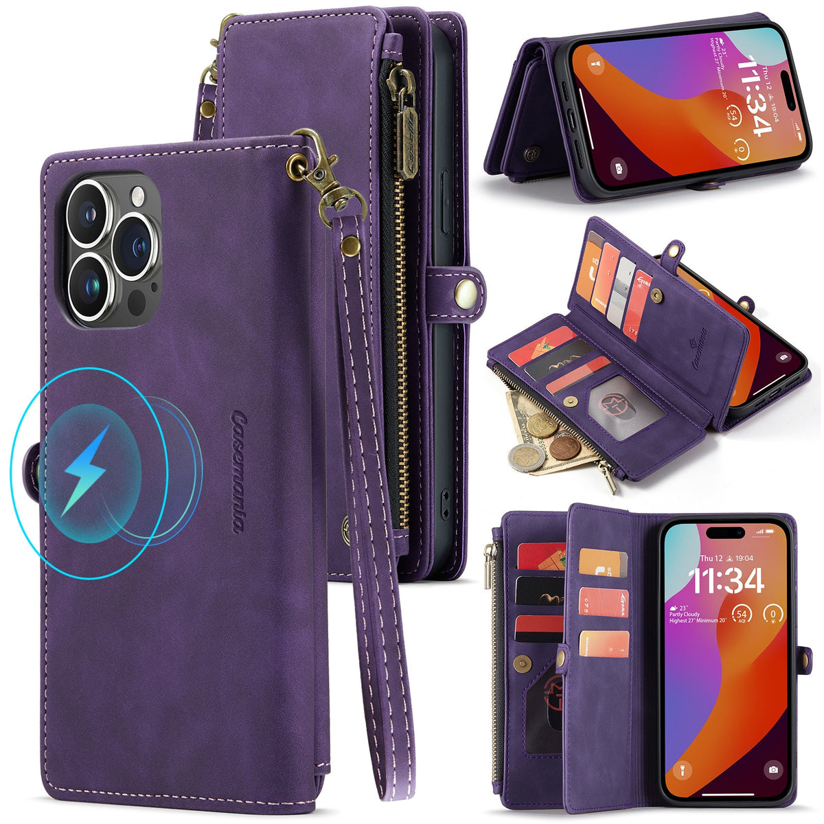 Apple iPhone 15 Hoesje - Dark Purple - Luxe MagSafe Bookcase met Rits en Telefoonkoord