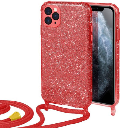Apple iPhone 12 Pro Max Hoesje - Rood - Glitter Back Cover met Telefoonkoord